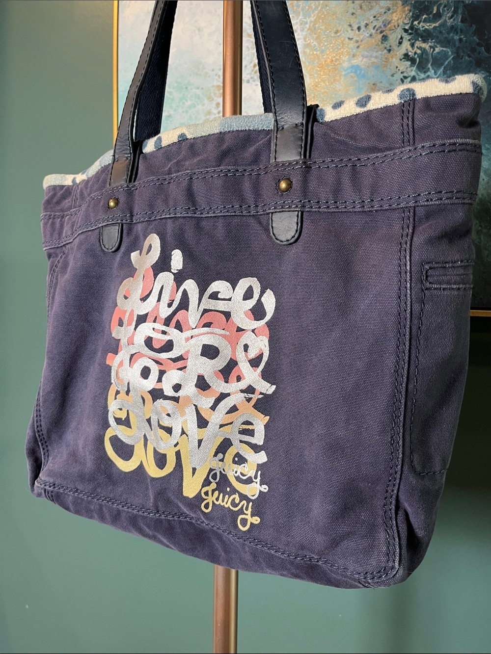 Y2K Juicy Couture Navy Canvas Tote with Terrycloth Lining - Picture 2 of 11